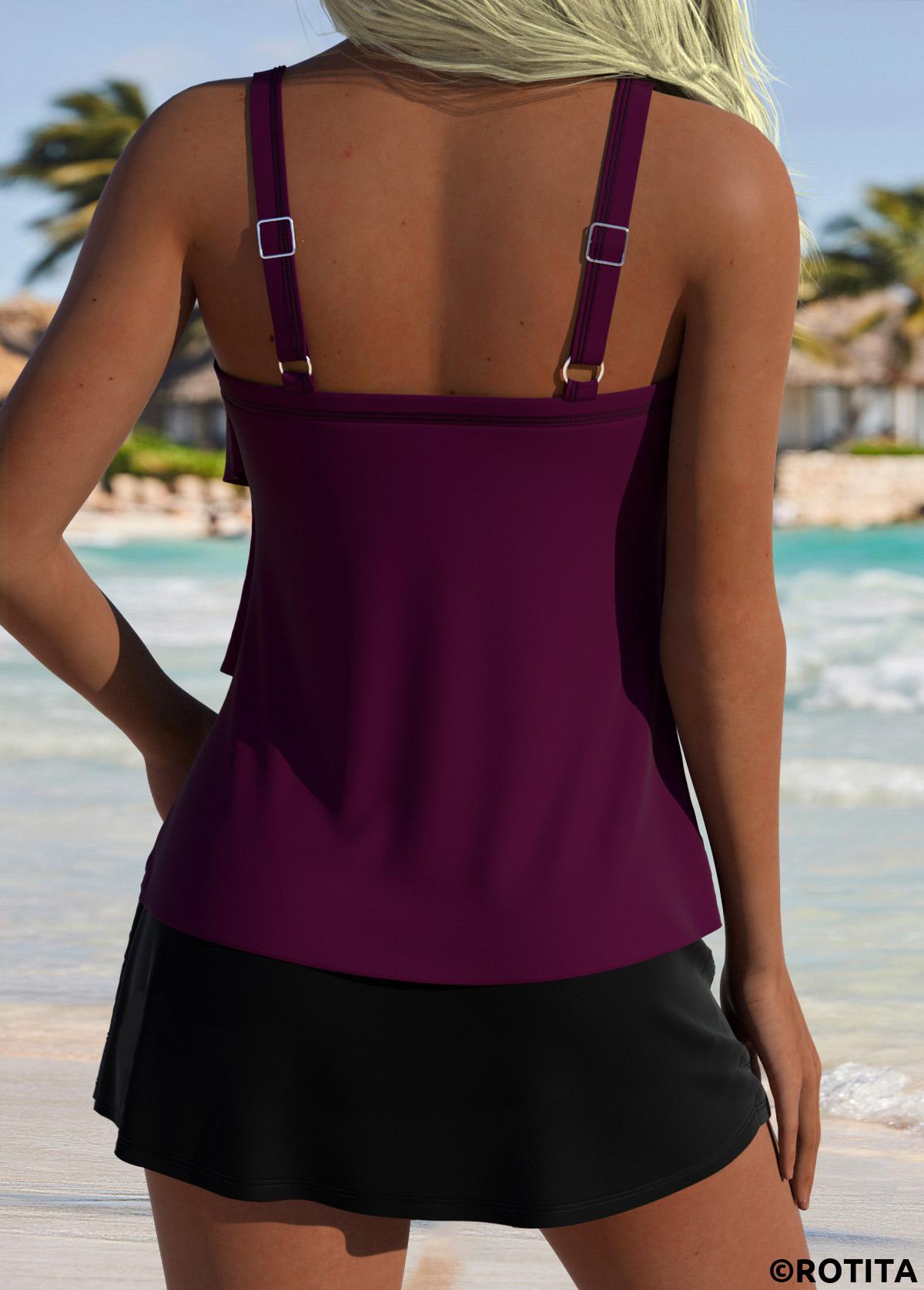 Dark Reddish Purple swimwear,Plain Color swimwear,ROTITA Dark Reddish Purple Heart Collar Tankini Swimwear Top