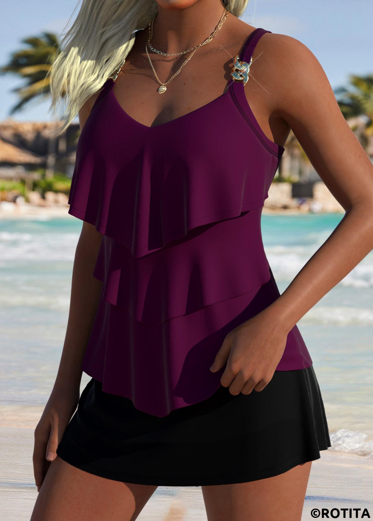 Dark Reddish Purple swimwear,Plain Color swimwear,ROTITA Dark Reddish Purple Heart Collar Tankini Swimwear Top