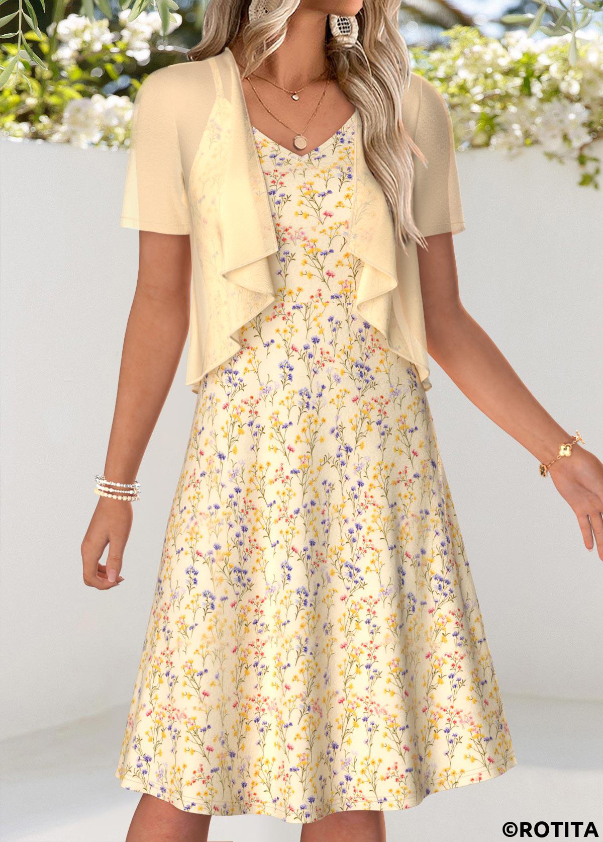 Light Yellow dresses,Ditsy Floral dresses,Vacation dresses,Vacation dresses,ROTITA Light Yellow Ditsy Floral Print Two-piece Dress and Cardigan