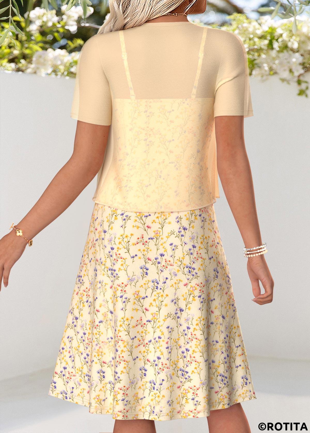 Light Yellow dresses,Ditsy Floral dresses,Vacation dresses,Vacation dresses,ROTITA Light Yellow Ditsy Floral Print Two-piece Dress and Cardigan