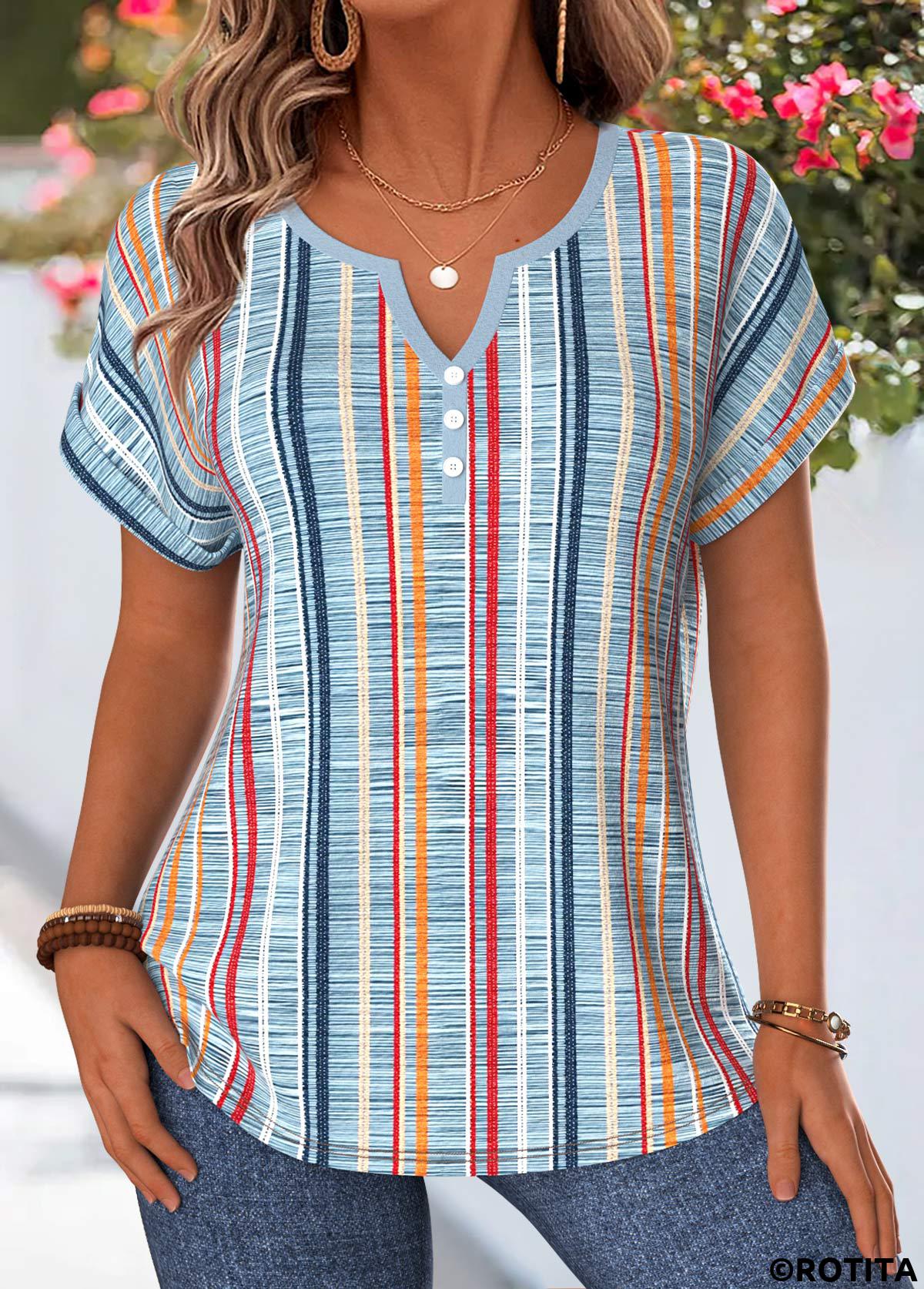 Dusty Blue tops,Striped tops,Geometric tops,ROTITA Tummy Coverage Multi Stripe Print Dusty Blue Blouse