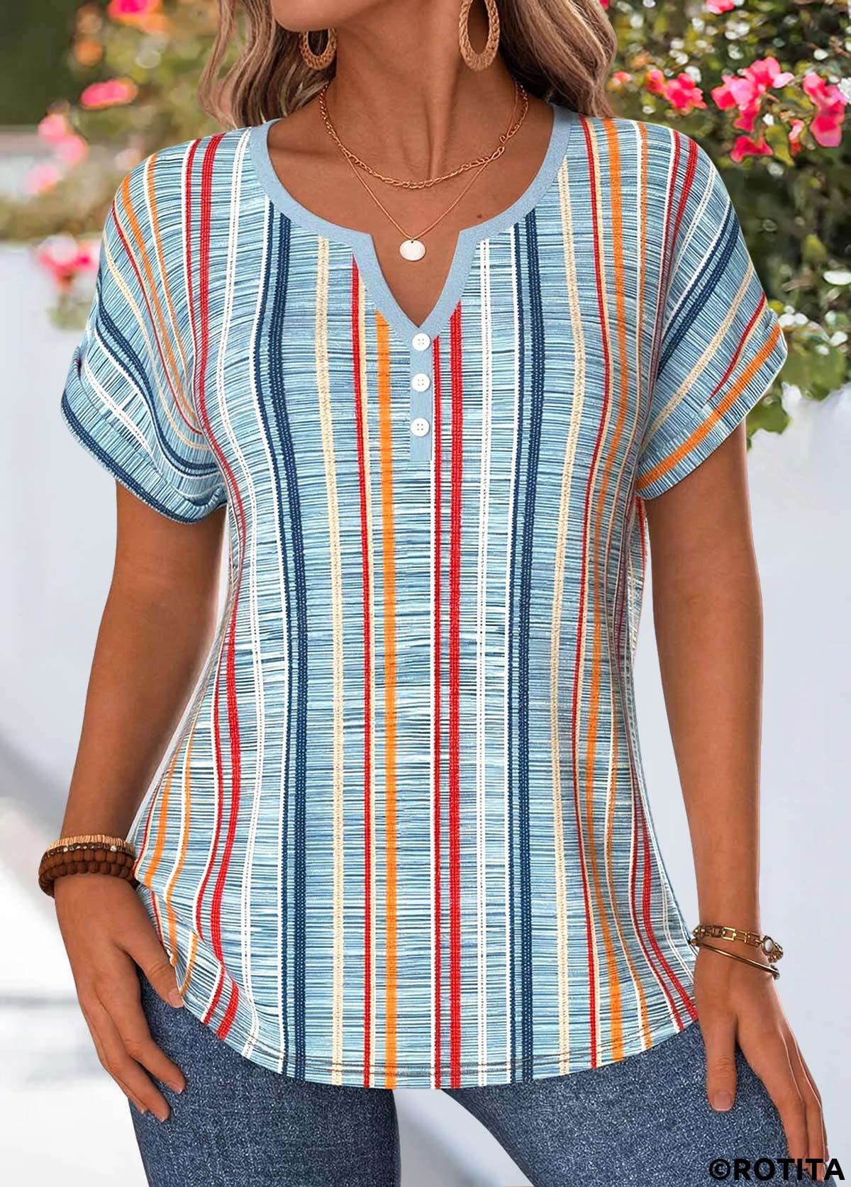 Dusty Blue tops,Striped tops,Geometric tops,ROTITA Tummy Coverage Multi Stripe Print Dusty Blue Blouse