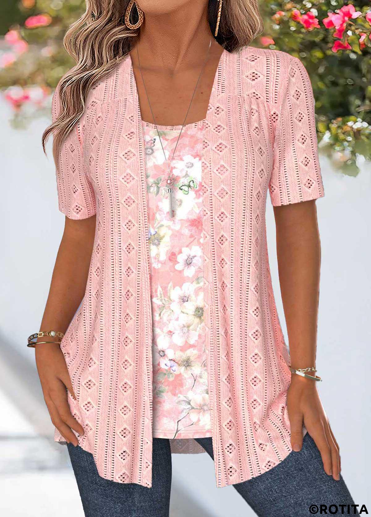 Pink tops,Floral tops,Plants tops,ROTITA Floral Print Pink Fake Two Piece Twinset