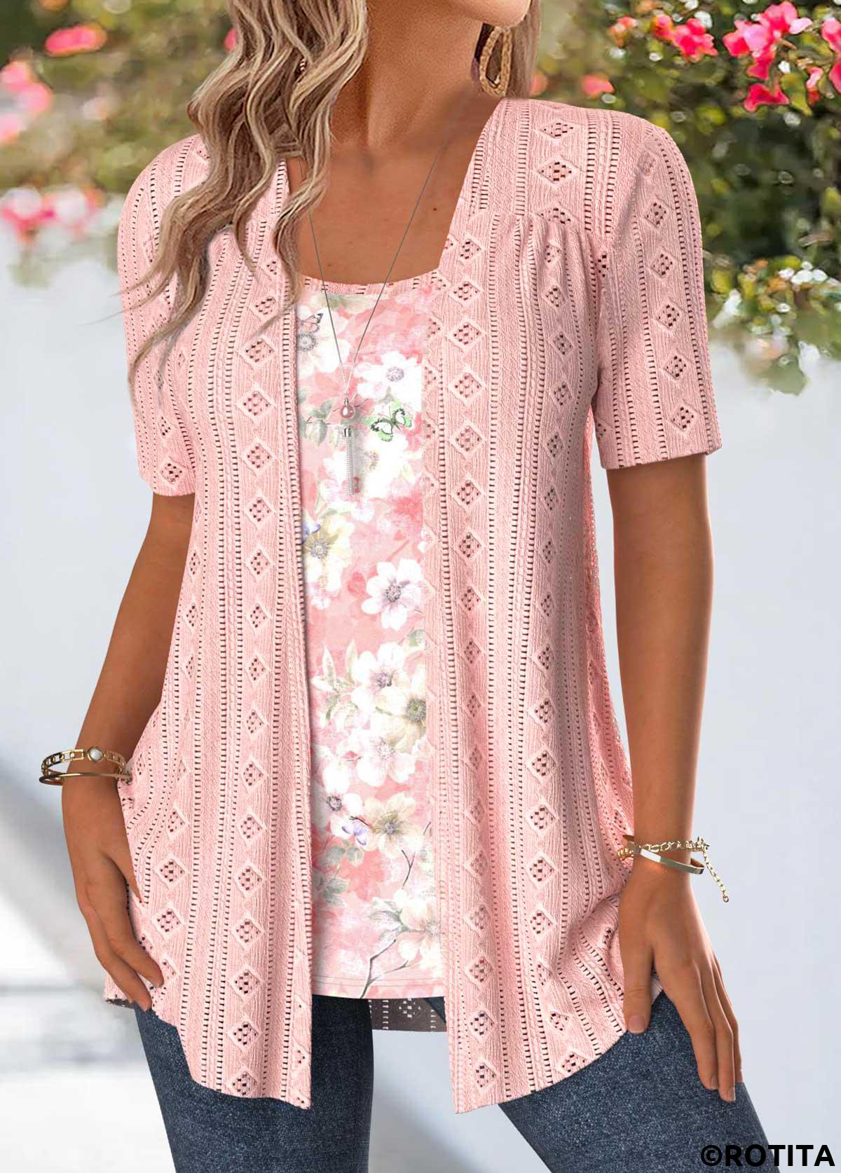 Pink tops,Floral tops,Plants tops,ROTITA Floral Print Pink Fake Two Piece Twinset