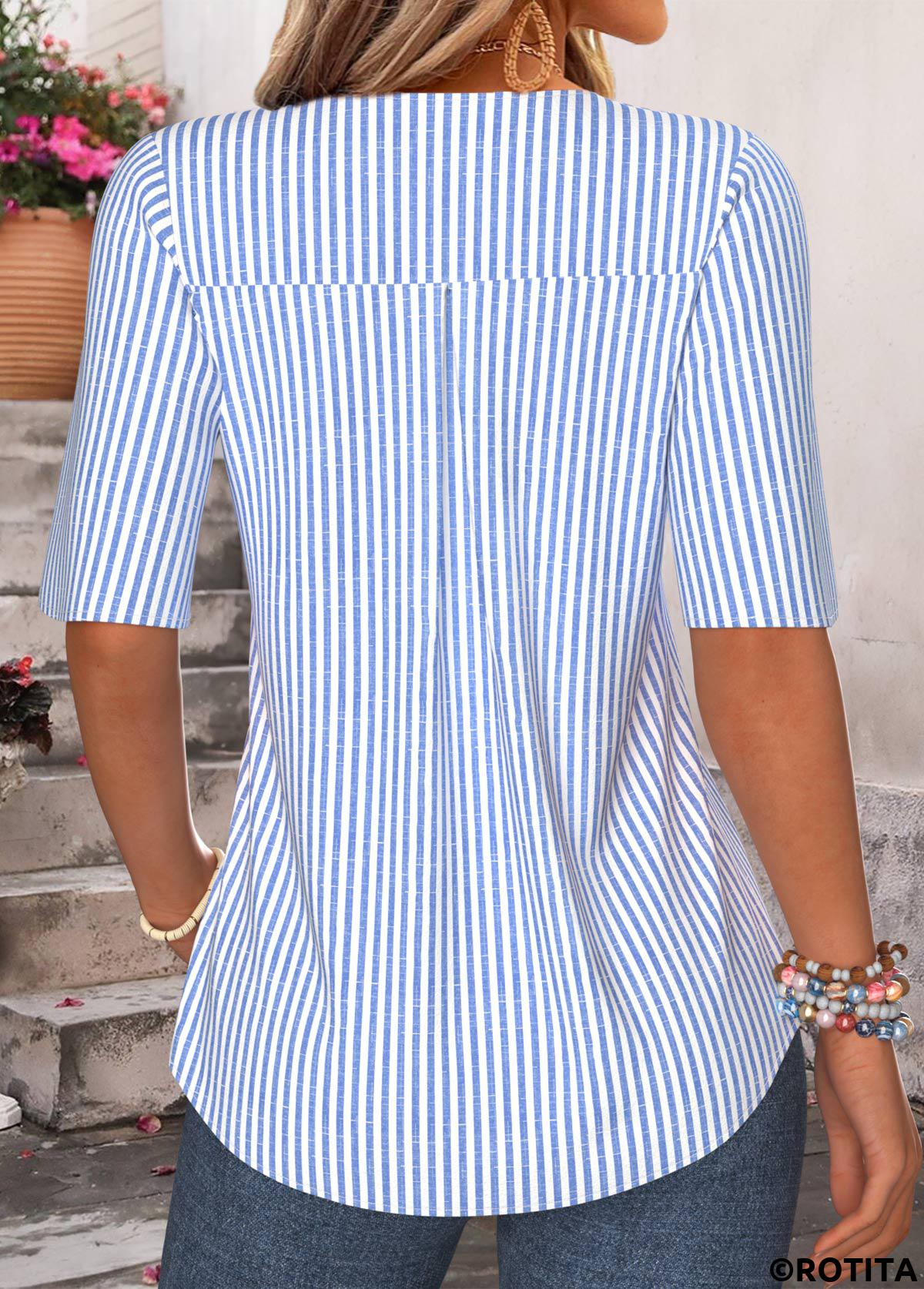 Blue tops,Striped tops,Geometric tops,ROTITA Ruffle Striped Blue V Neck Half Sleeve Blouse