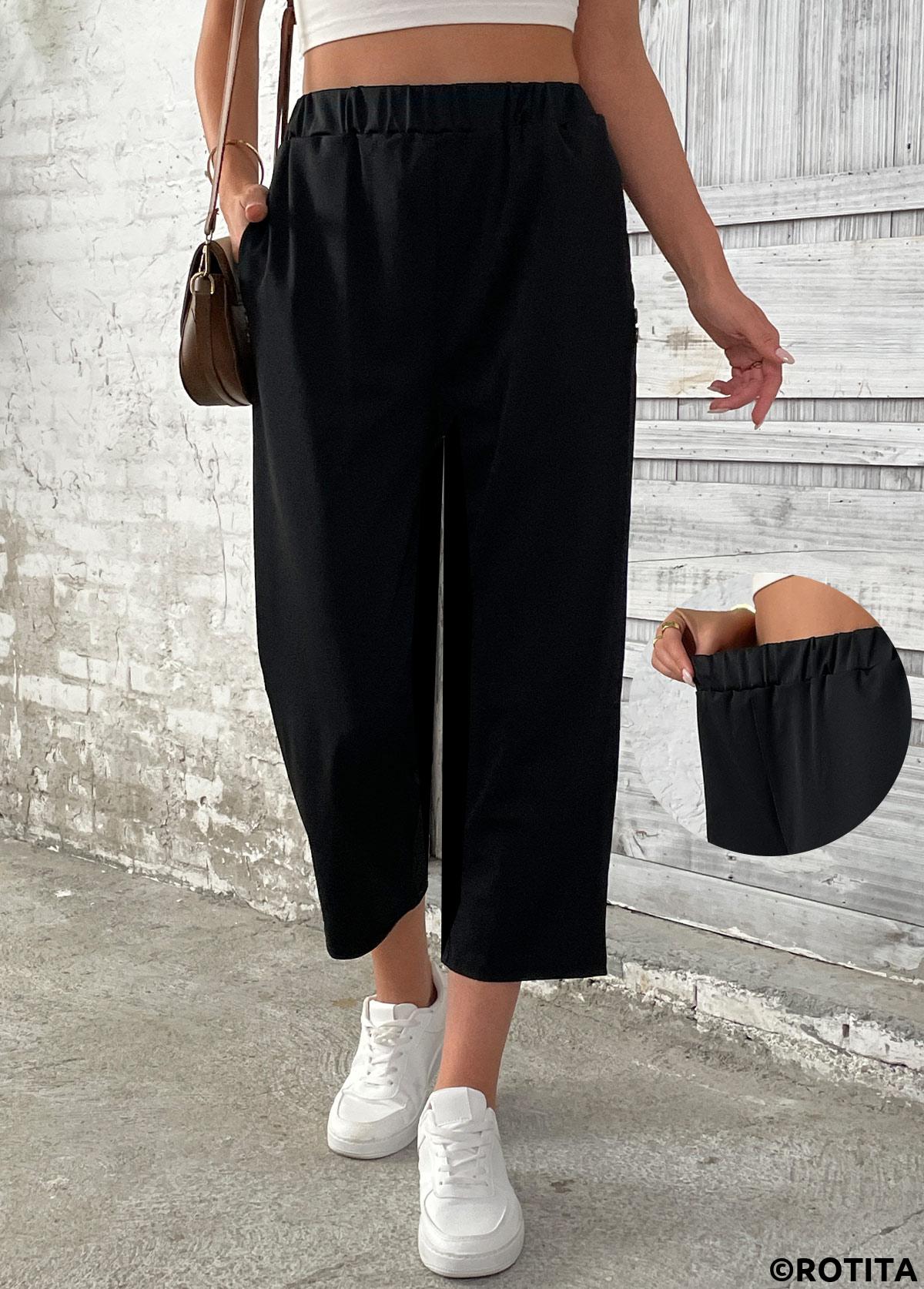 Black bottoms,Plain Color bottoms,Black Straight Leg Elastic Waist High Waisted Pants