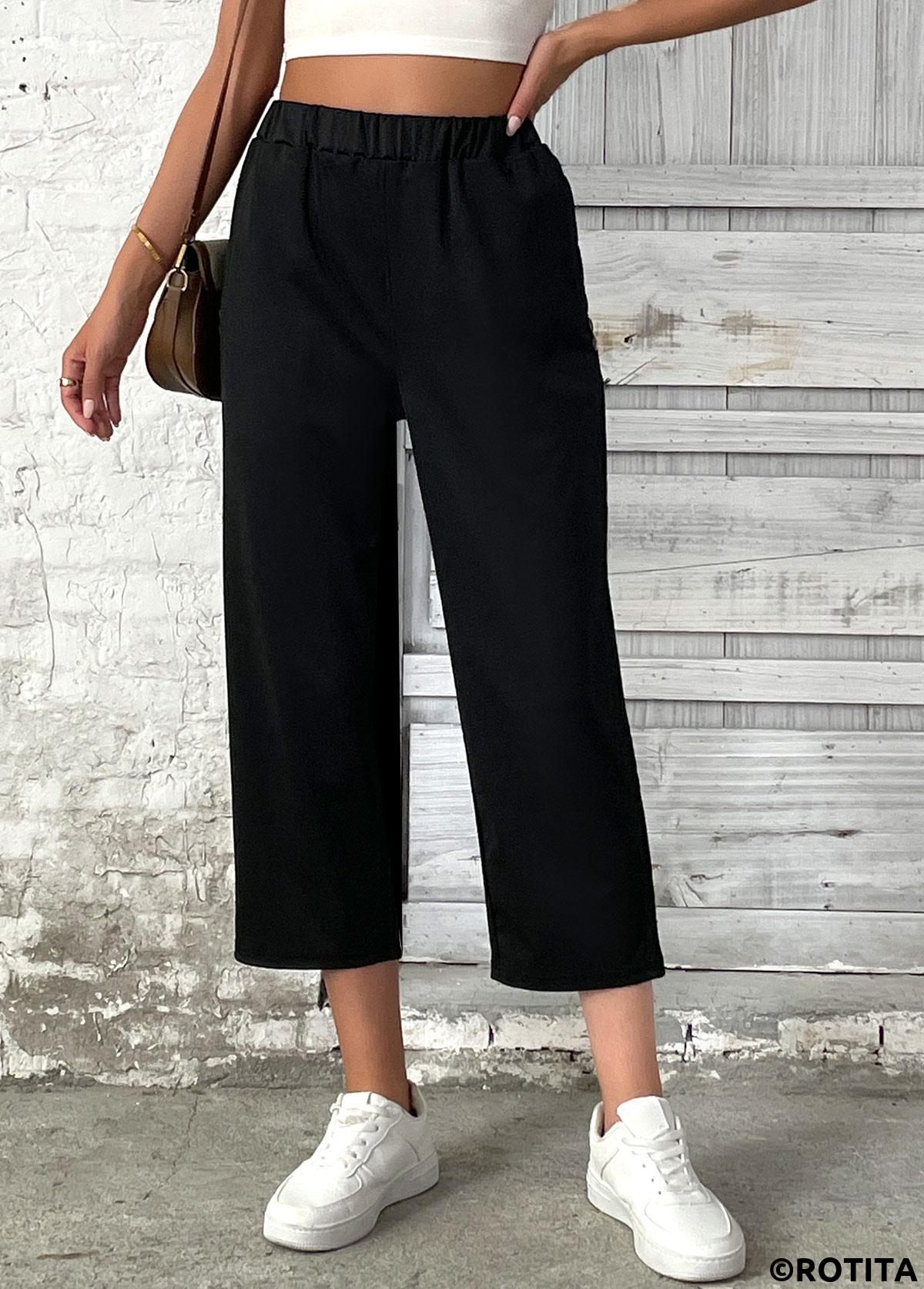 Black bottoms,Plain Color bottoms,Black Straight Leg Elastic Waist High Waisted Pants