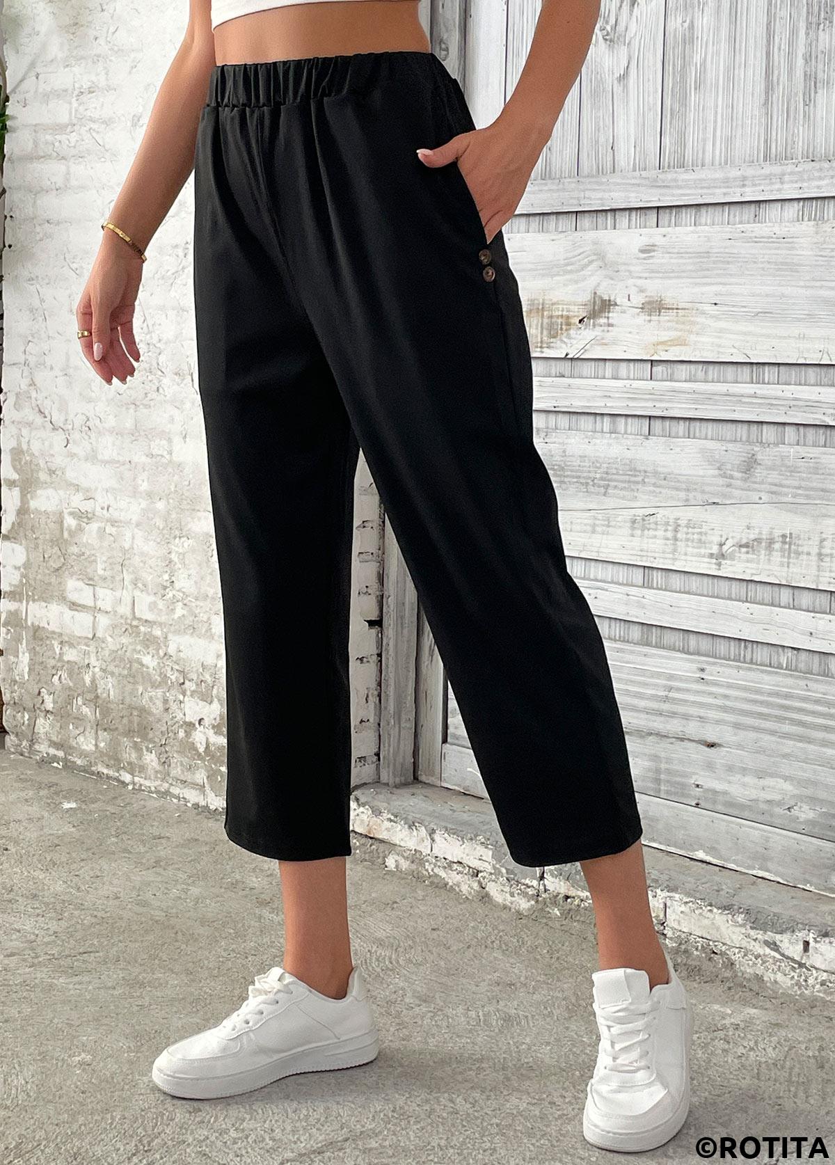 Black bottoms,Plain Color bottoms,Black Straight Leg Elastic Waist High Waisted Pants