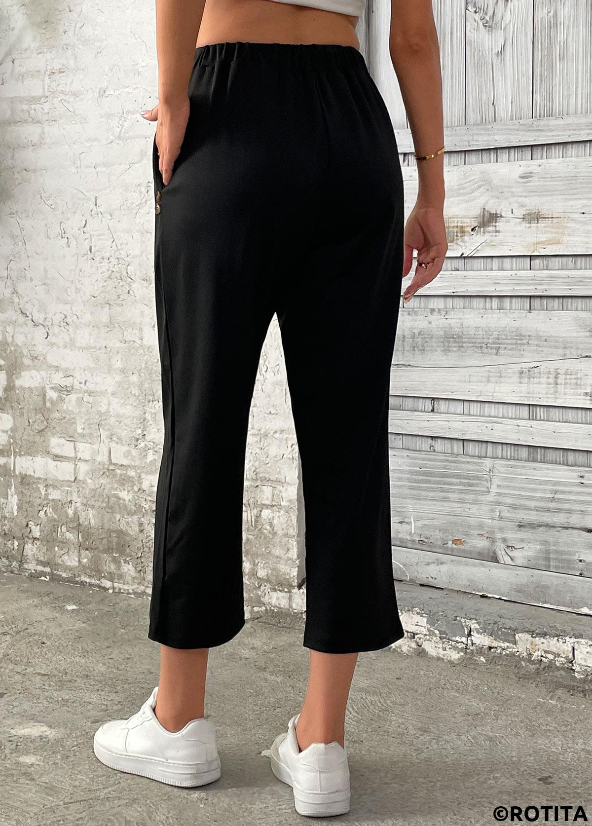 Black bottoms,Plain Color bottoms,Black Straight Leg Elastic Waist High Waisted Pants