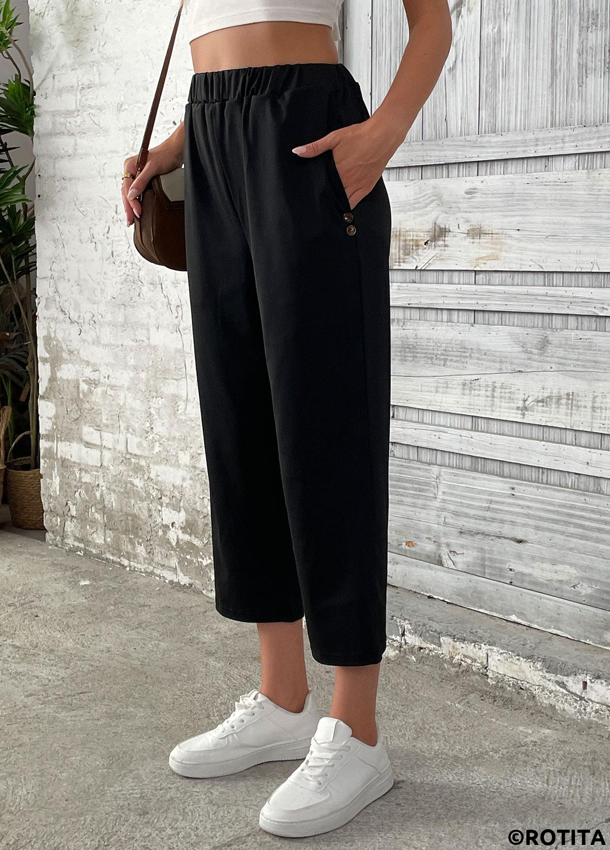 Black bottoms,Plain Color bottoms,Black Straight Leg Elastic Waist High Waisted Pants
