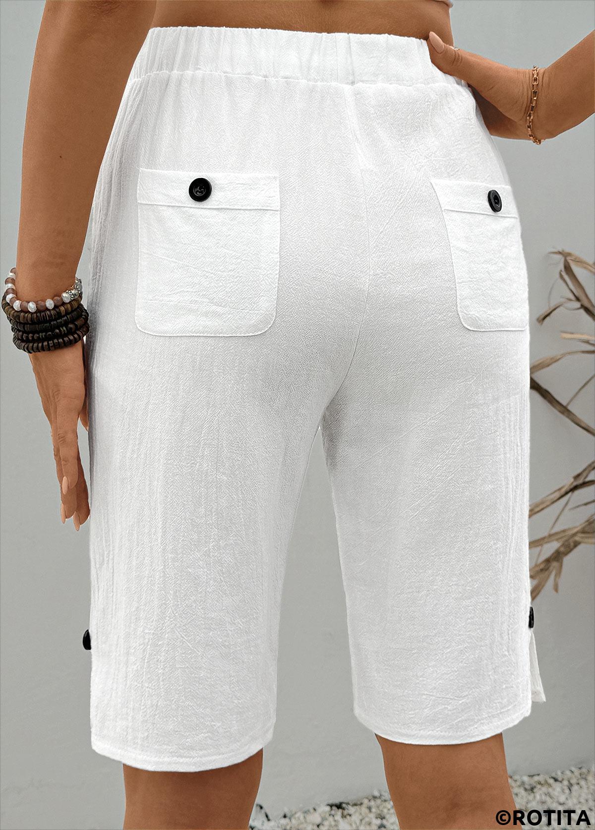 White bottoms,Plain Color bottoms,White Straight Leg Elastic Waist High Waisted Shorts