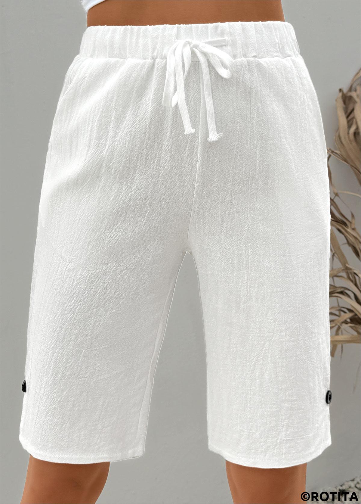 White bottoms,Plain Color bottoms,White Straight Leg Elastic Waist High Waisted Shorts