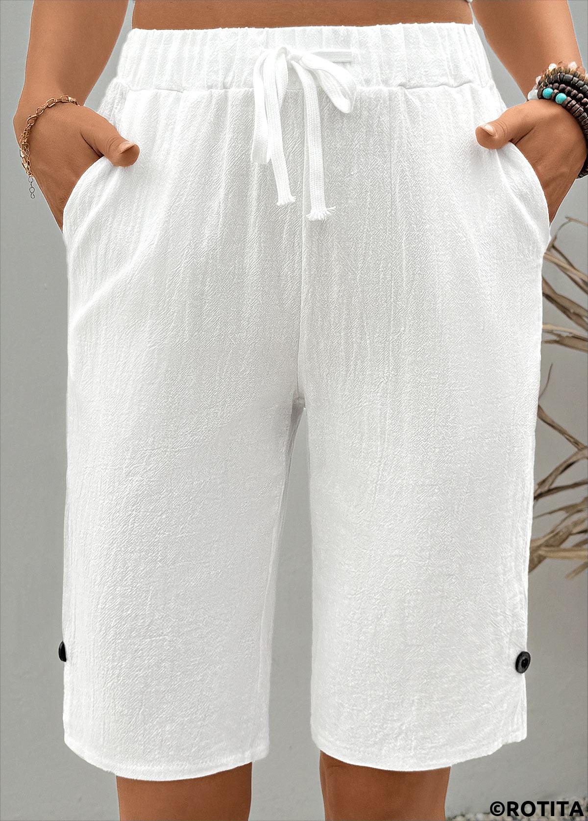 White bottoms,Plain Color bottoms,White Straight Leg Elastic Waist High Waisted Shorts