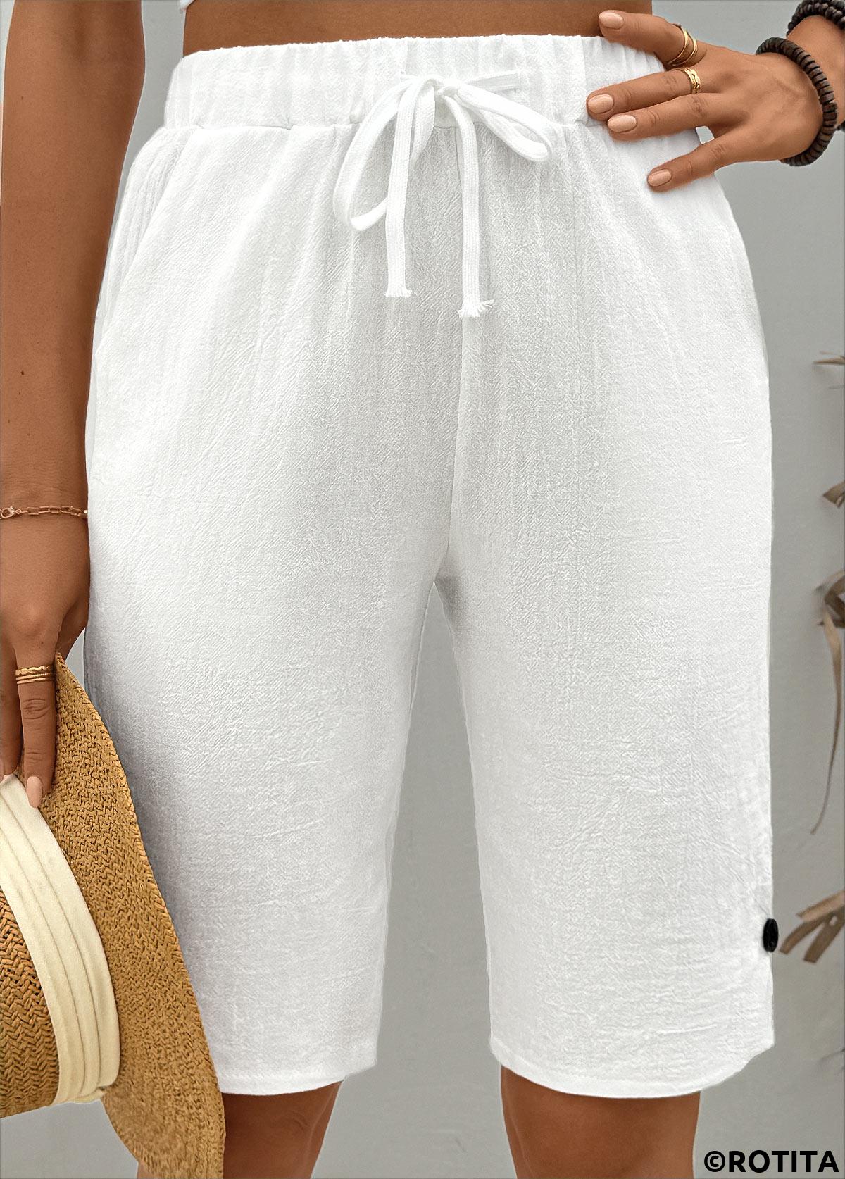 White bottoms,Plain Color bottoms,White Straight Leg Elastic Waist High Waisted Shorts