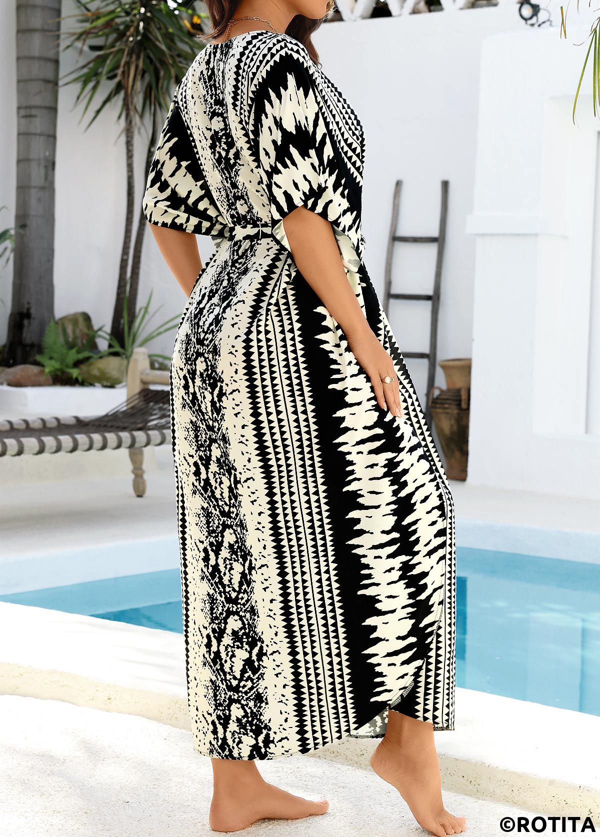 Black swimwear,Tie Dye swimwear,Curved Hem Belted Black Tie Dye Print Cover Up