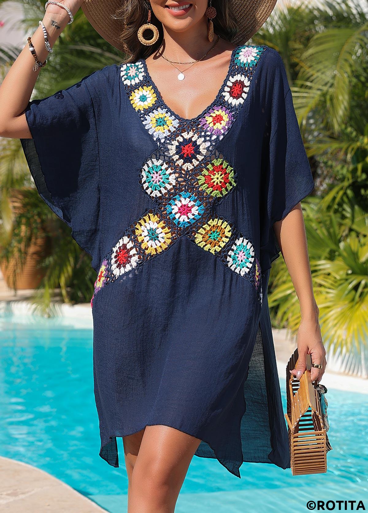 Navy swimwear,Contrast Color swimwear,Weave/braid V Neck Navy Cover Up
