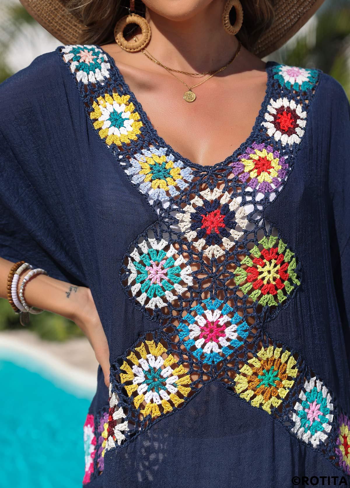 Navy swimwear,Contrast Color swimwear,Weave/braid V Neck Navy Cover Up