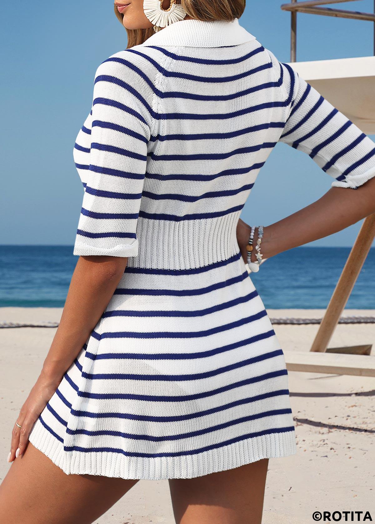 Blue swimwear,Striped swimwear,Geometric swimwear,Blue Striped Half Sleeve Cover Up