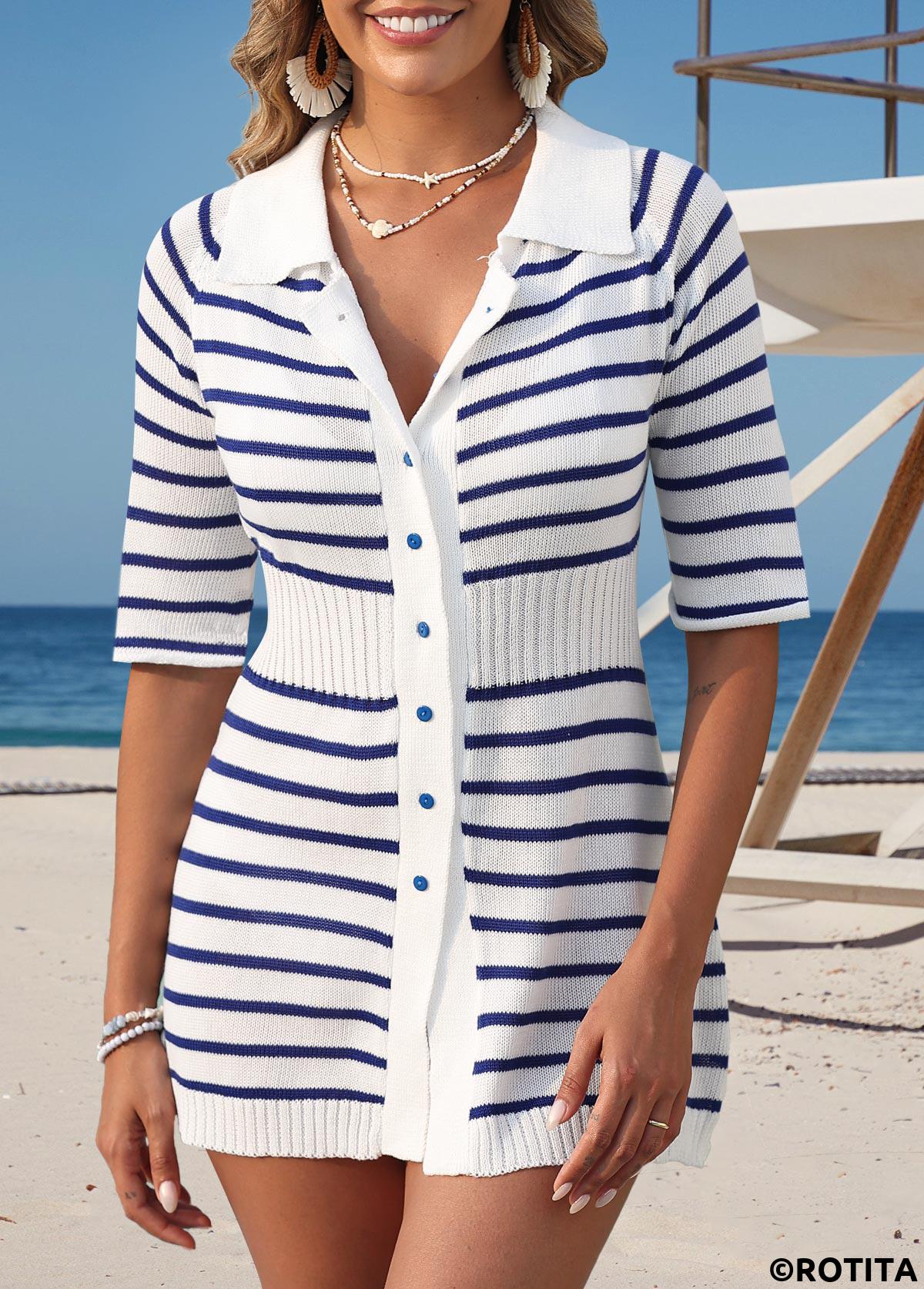 Blue swimwear,Striped swimwear,Geometric swimwear,Blue Striped Half Sleeve Cover Up