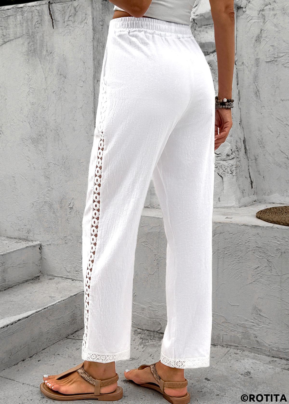 White bottoms,Plain Color bottoms,White Elastic Waist High Waisted Pants