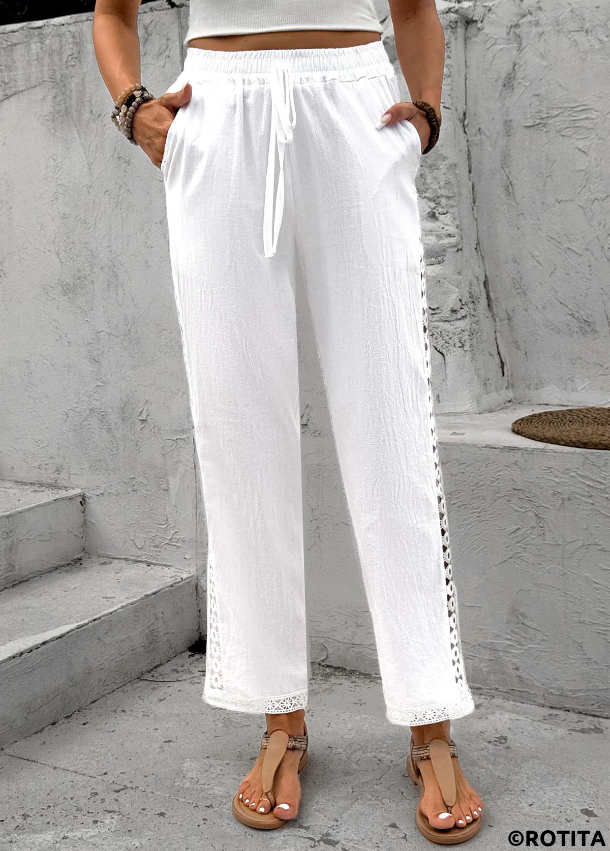 White bottoms,Plain Color bottoms,White Elastic Waist High Waisted Pants