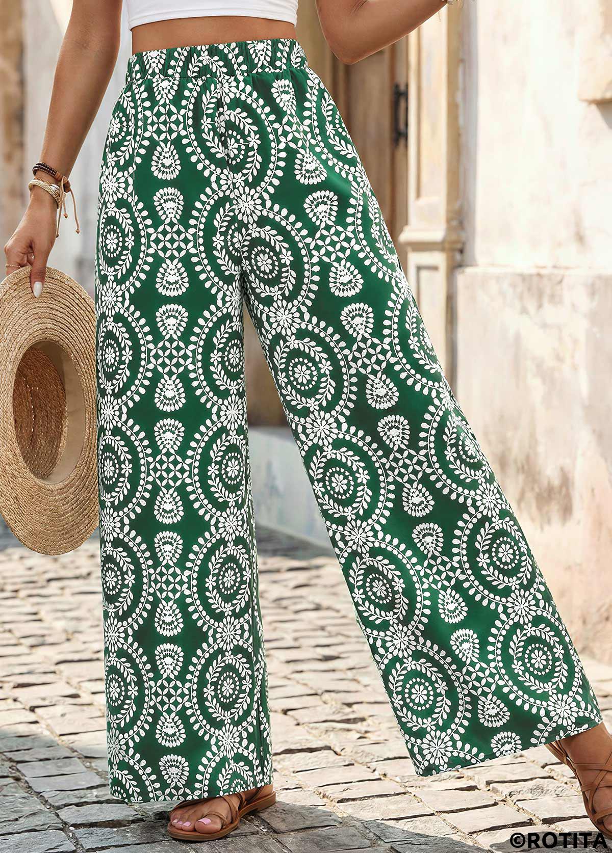 Green bottoms,Tribal bottoms,Tribal Print Green Wide Leg Elastic Waist Pants