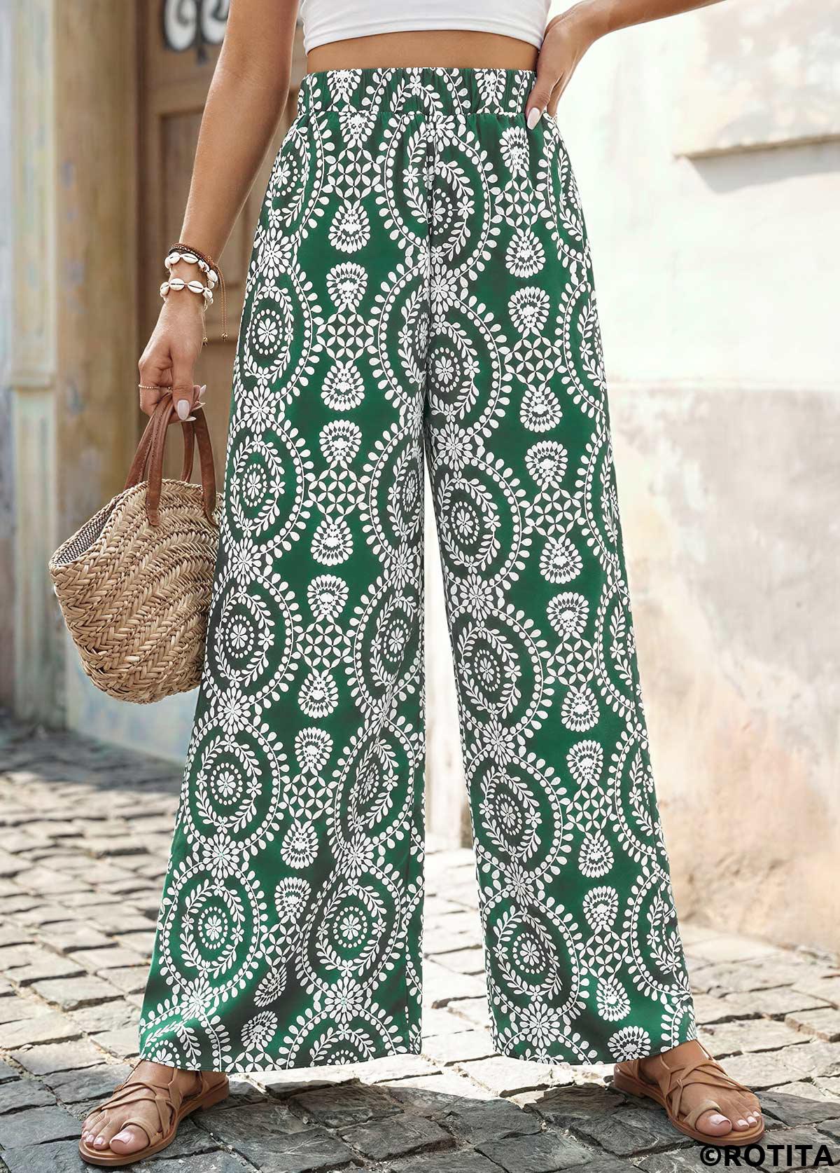 Green bottoms,Tribal bottoms,Tribal Print Green Wide Leg Elastic Waist Pants
