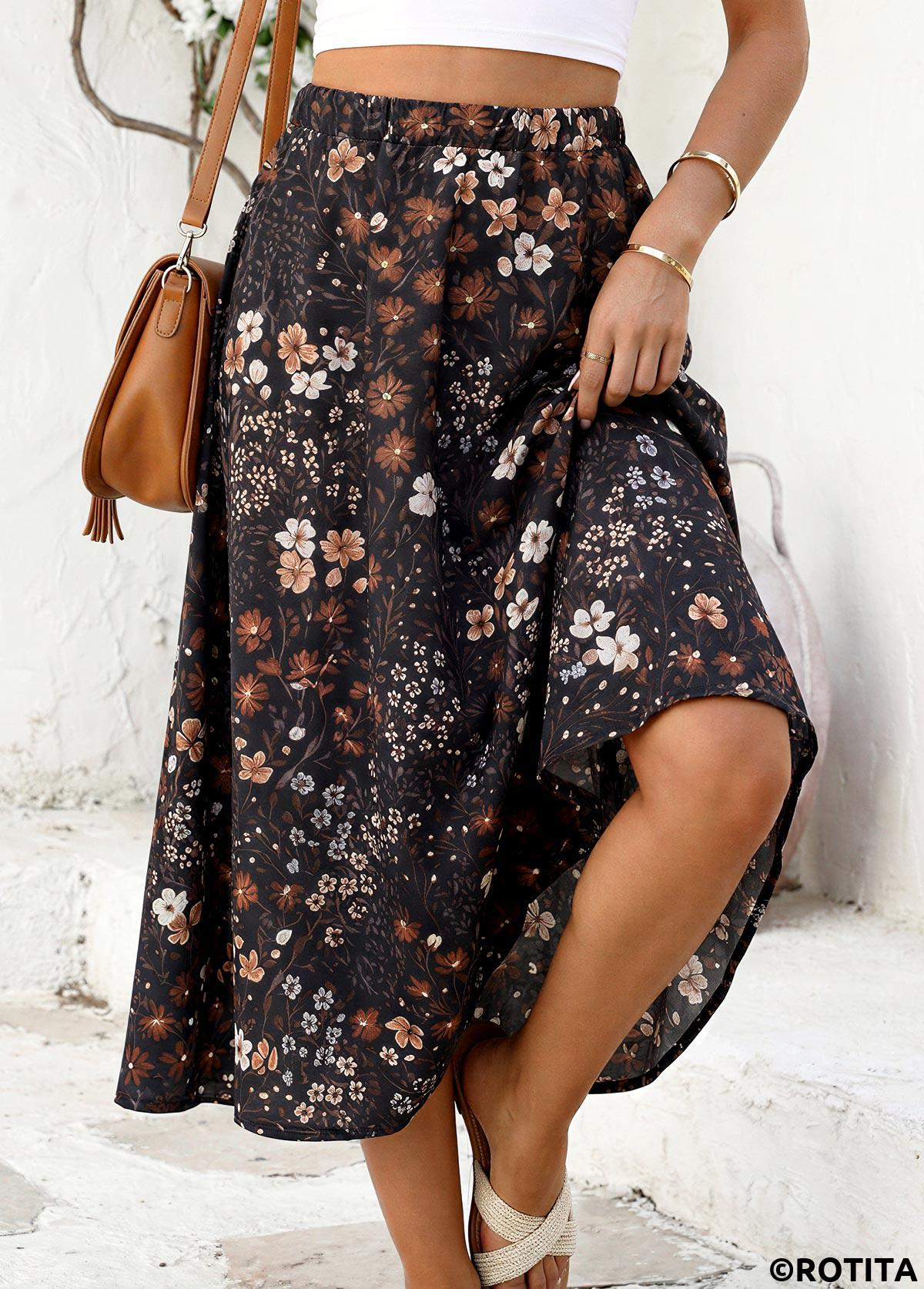 Black bottoms,Floral bottoms,Plants bottoms,Floral Print Black Maxi Elastic Waist A Line Skirt