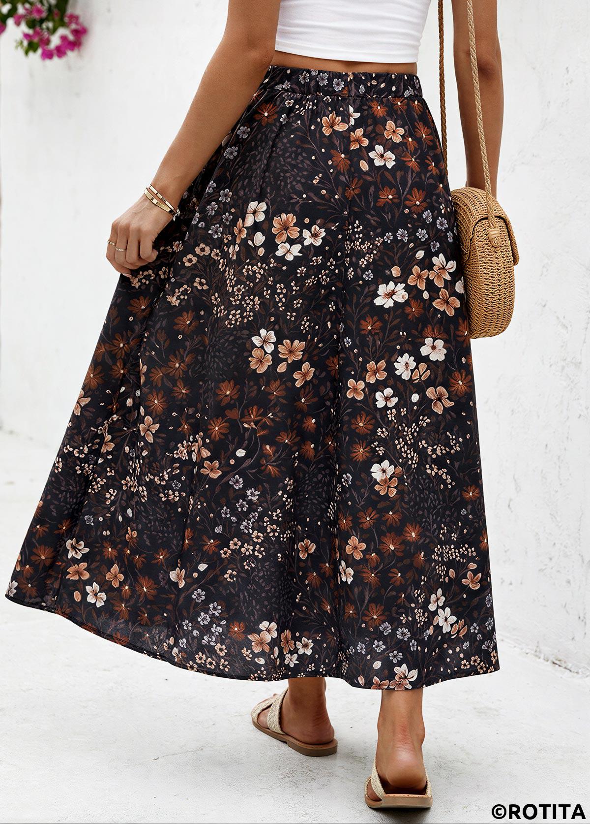 Black bottoms,Floral bottoms,Plants bottoms,Floral Print Black Maxi Elastic Waist A Line Skirt