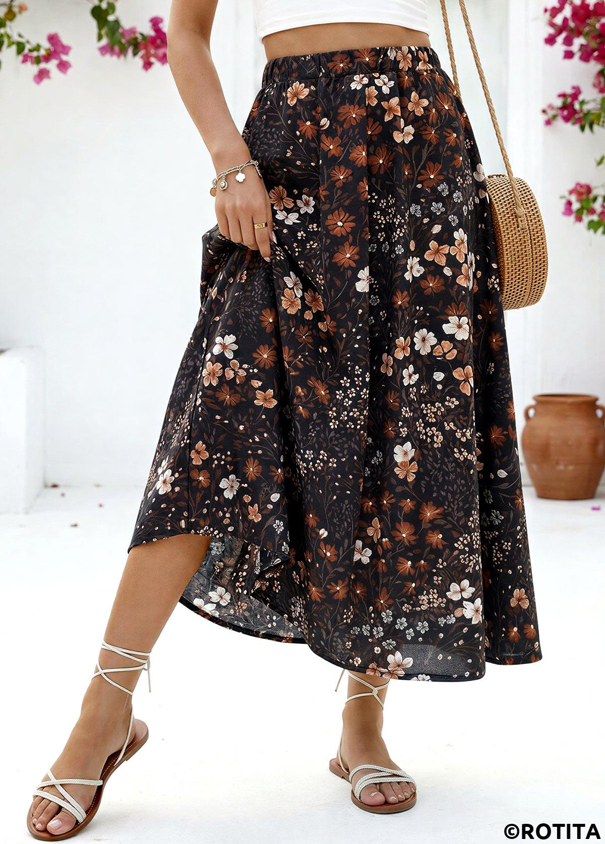Black bottoms,Floral bottoms,Plants bottoms,Floral Print Black Maxi Elastic Waist A Line Skirt