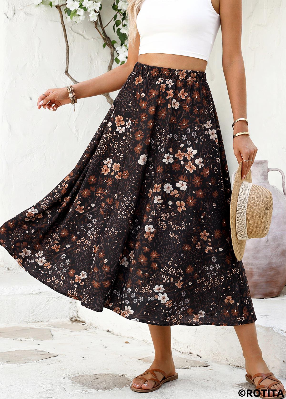 Black bottoms,Floral bottoms,Plants bottoms,Floral Print Black Maxi Elastic Waist A Line Skirt