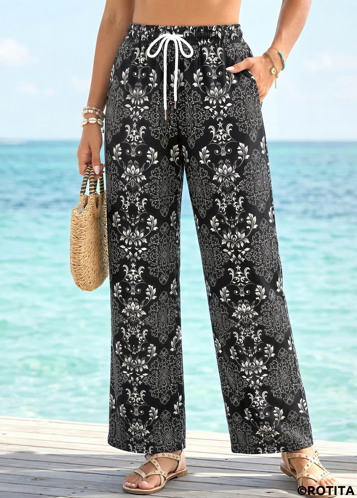 Black bottoms,Tribal bottoms,Tribal Print Black Straight Leg Drawastring High Waisted Pants