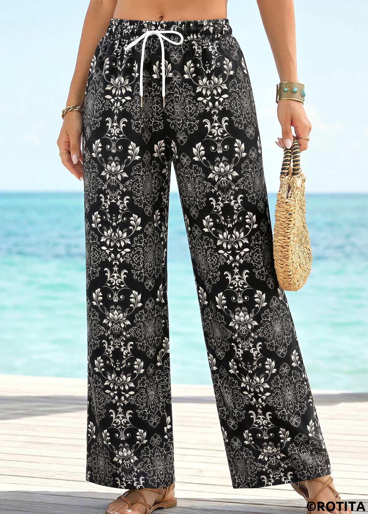 Black bottoms,Tribal bottoms,Tribal Print Black Straight Leg Drawastring High Waisted Pants