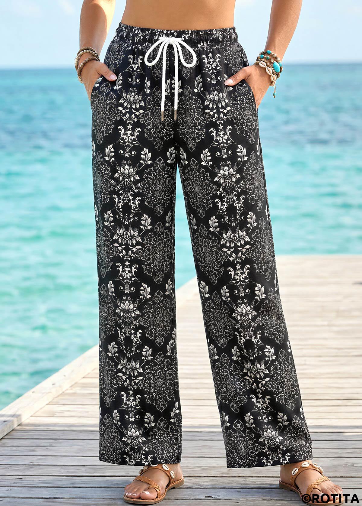 Black bottoms,Tribal bottoms,Tribal Print Black Straight Leg Drawastring High Waisted Pants