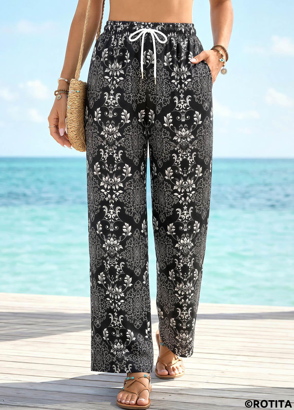 Black bottoms,Tribal bottoms,Tribal Print Black Straight Leg Drawastring High Waisted Pants