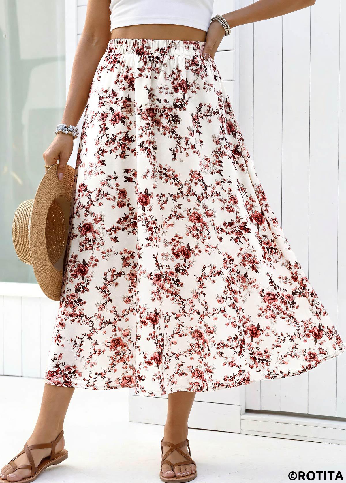 White bottoms,Floral bottoms,Plants bottoms,Floral Print White Maxi Elastic Waist A Line Skirt