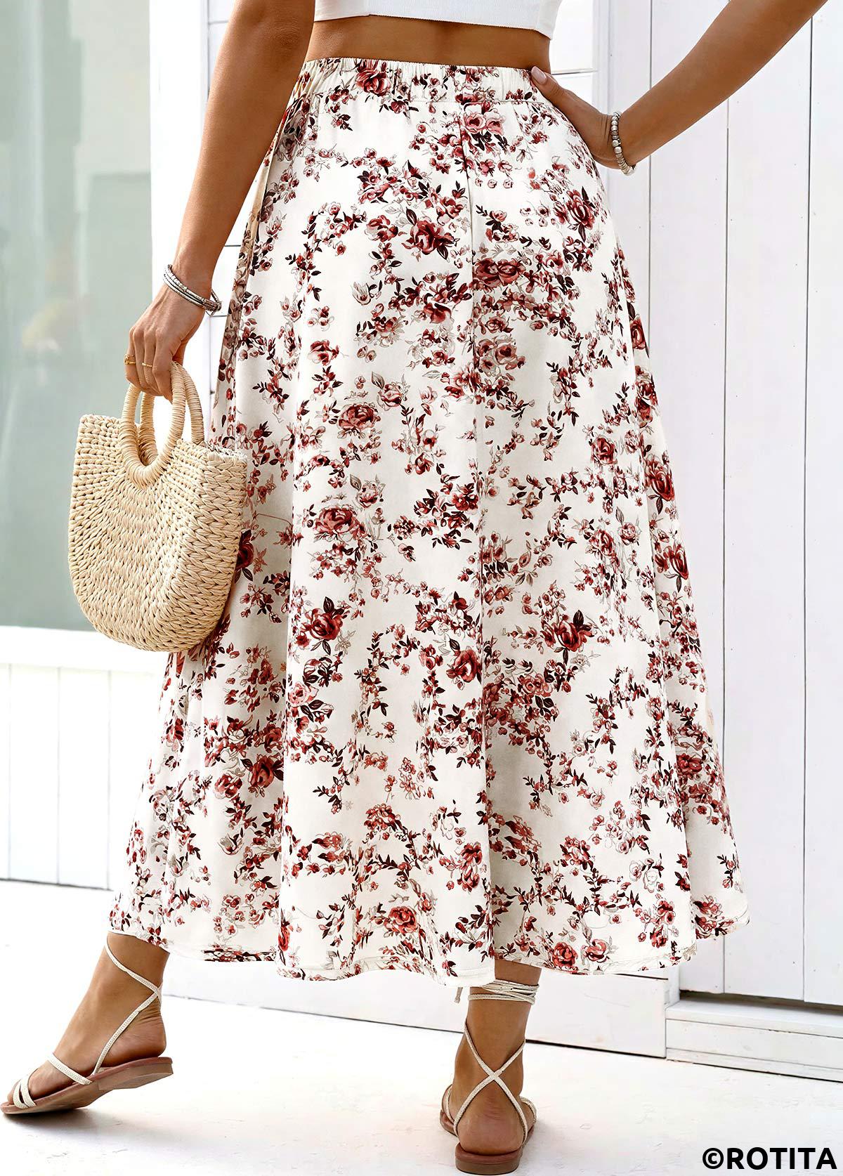 White bottoms,Floral bottoms,Plants bottoms,Floral Print White Maxi Elastic Waist A Line Skirt