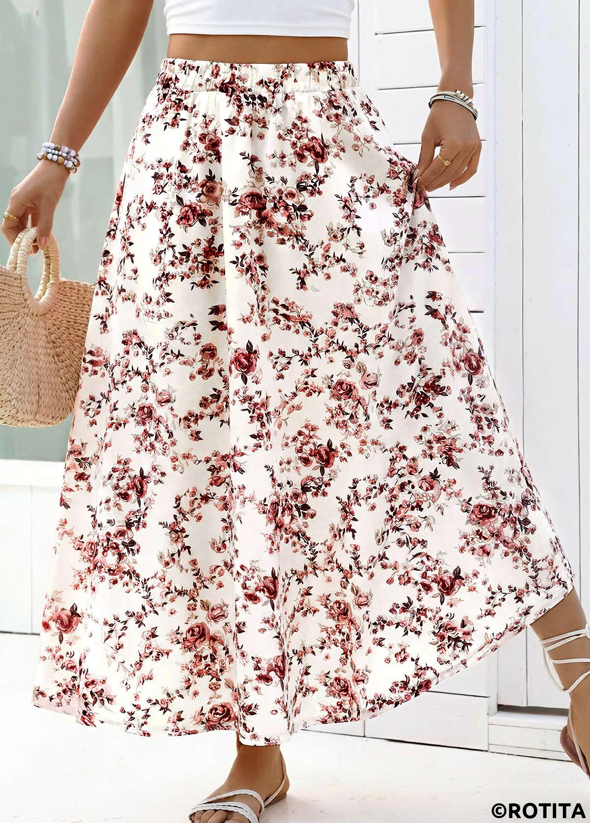 White bottoms,Floral bottoms,Plants bottoms,Floral Print White Maxi Elastic Waist A Line Skirt