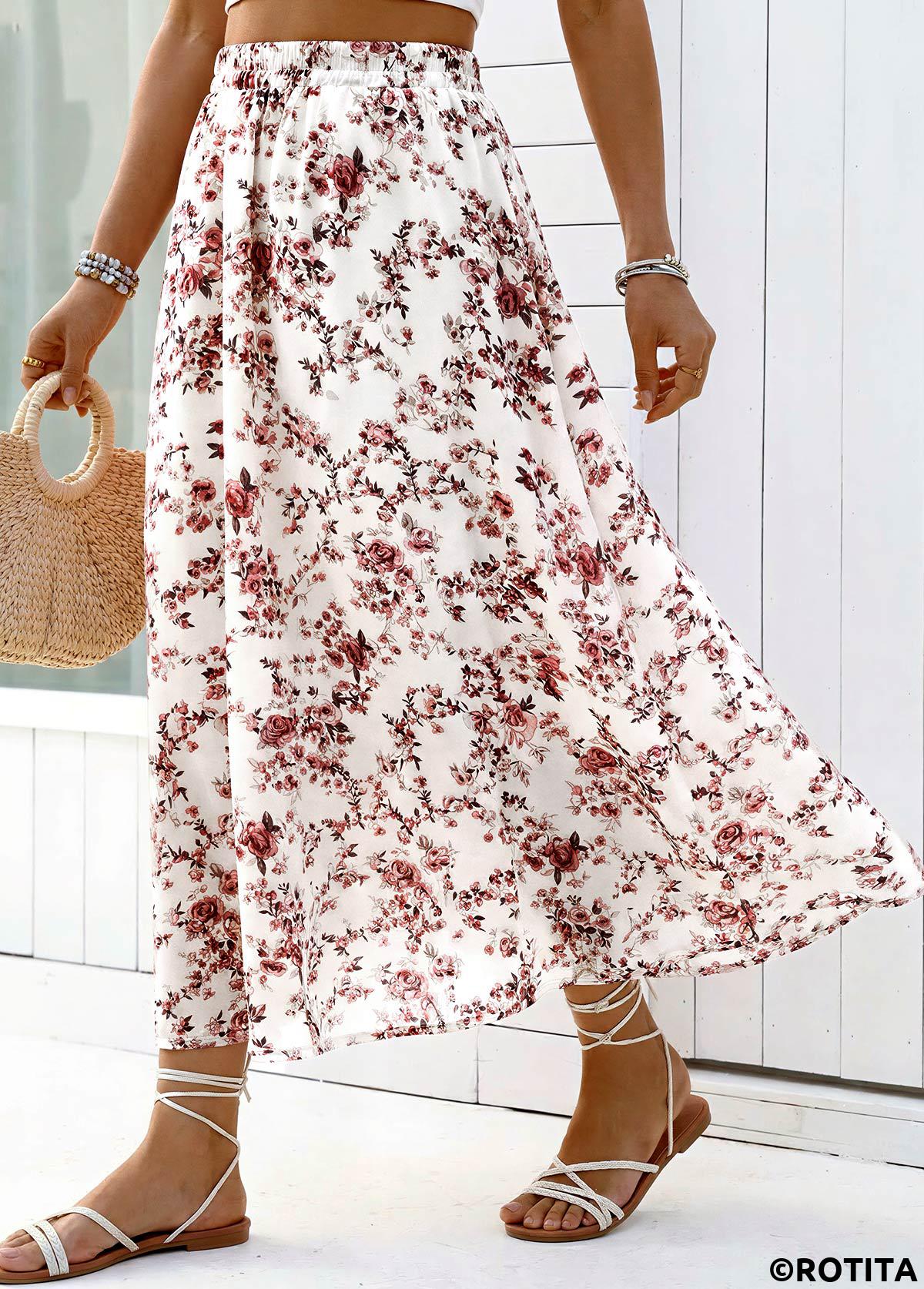 White bottoms,Floral bottoms,Plants bottoms,Floral Print White Maxi Elastic Waist A Line Skirt