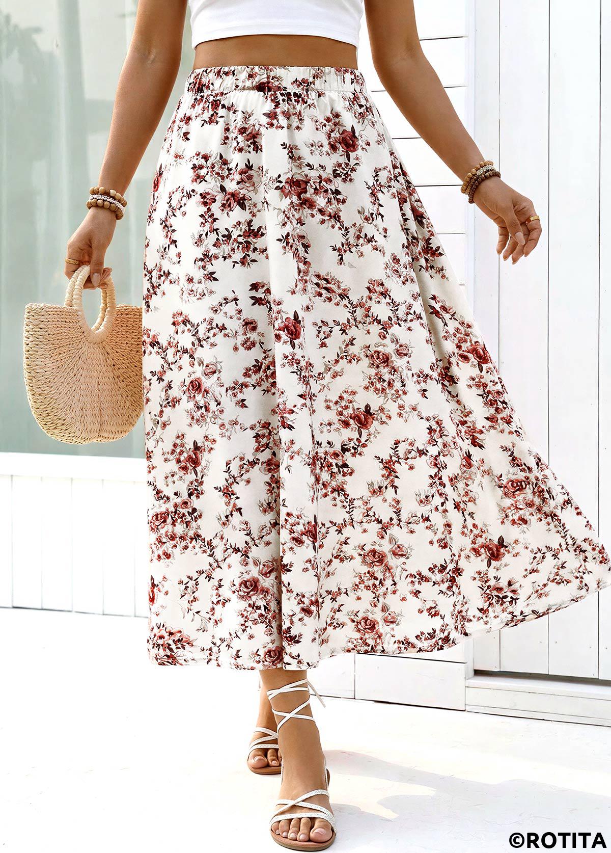 White bottoms,Floral bottoms,Plants bottoms,Floral Print White Maxi Elastic Waist A Line Skirt