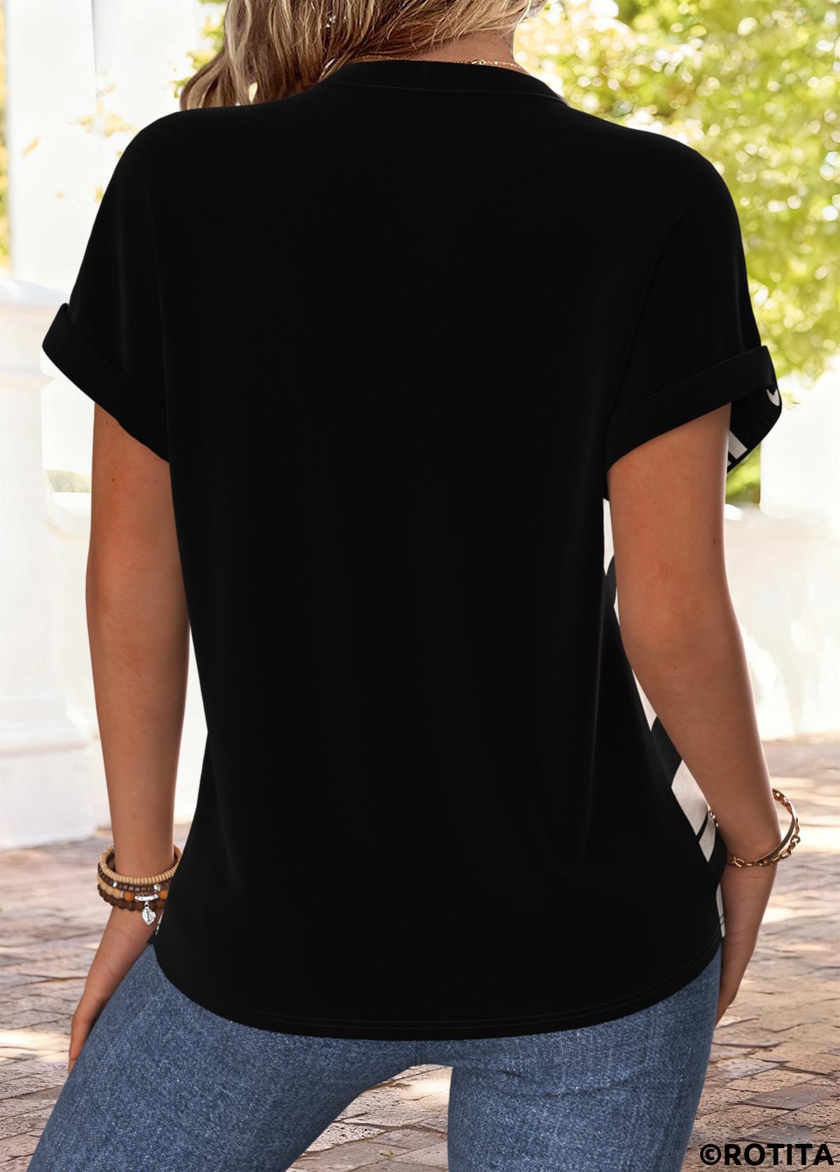 Black tops,Beige tops,Striped tops,Geometric tops,ROTITA Tummy Coverage Striped Black Split Neck Short Sleeve Blouse