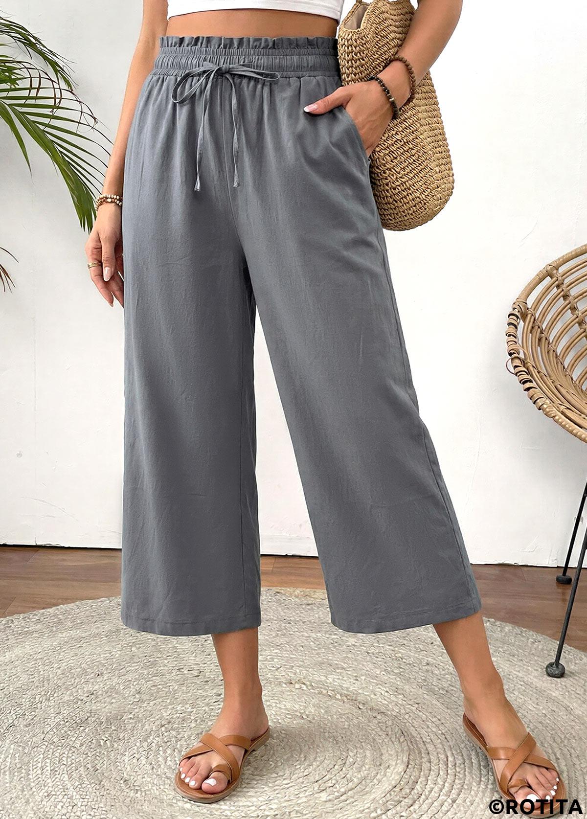Grey bottoms,Plain Color bottoms,Grey Straight Leg Elastic Waist High Waisted Pants