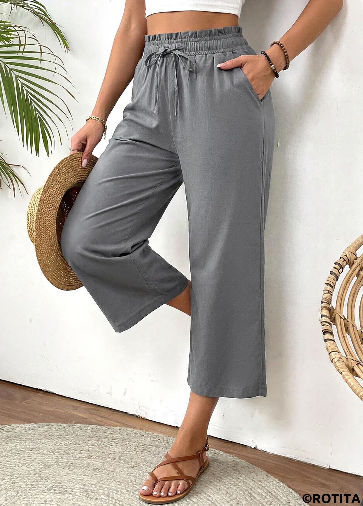 Grey bottoms,Plain Color bottoms,Grey Straight Leg Elastic Waist High Waisted Pants