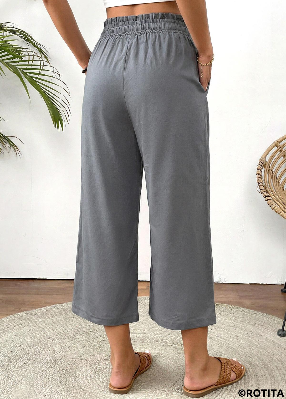 Grey bottoms,Plain Color bottoms,Grey Straight Leg Elastic Waist High Waisted Pants