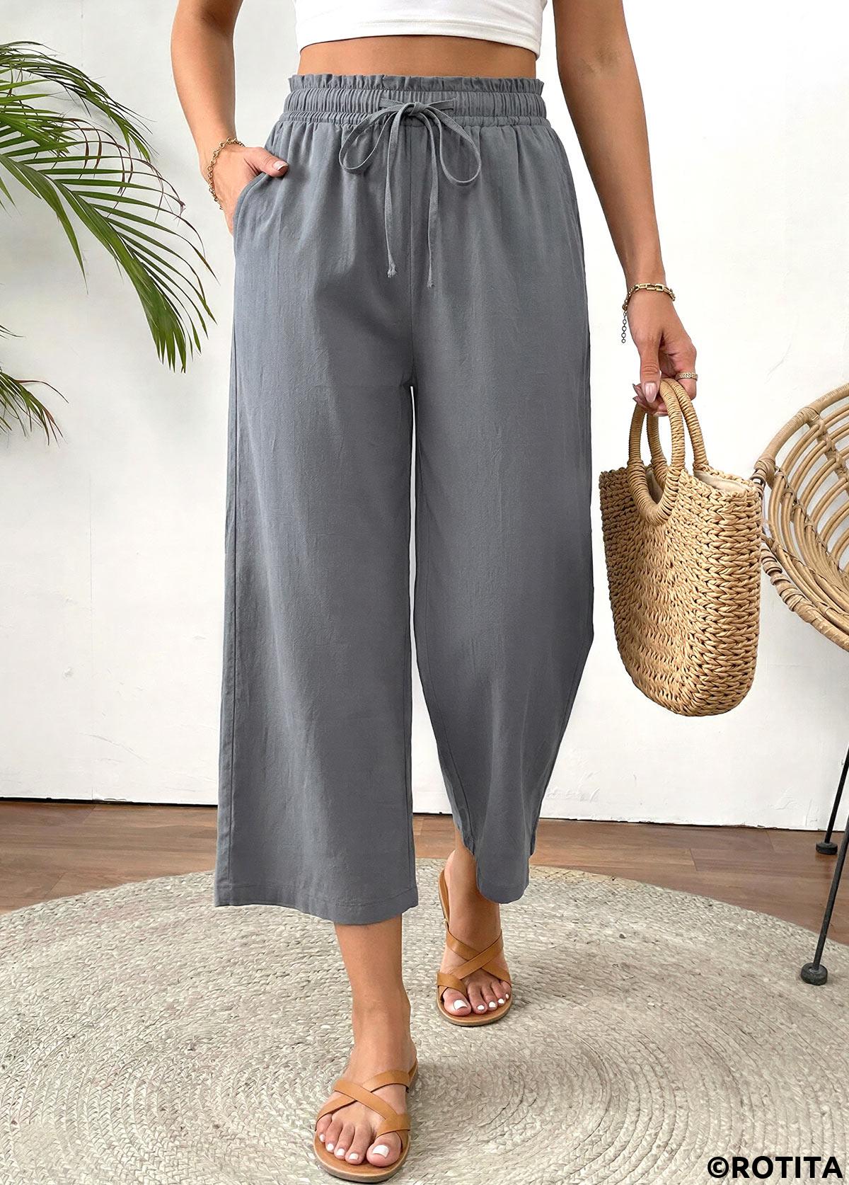 Grey bottoms,Plain Color bottoms,Grey Straight Leg Elastic Waist High Waisted Pants