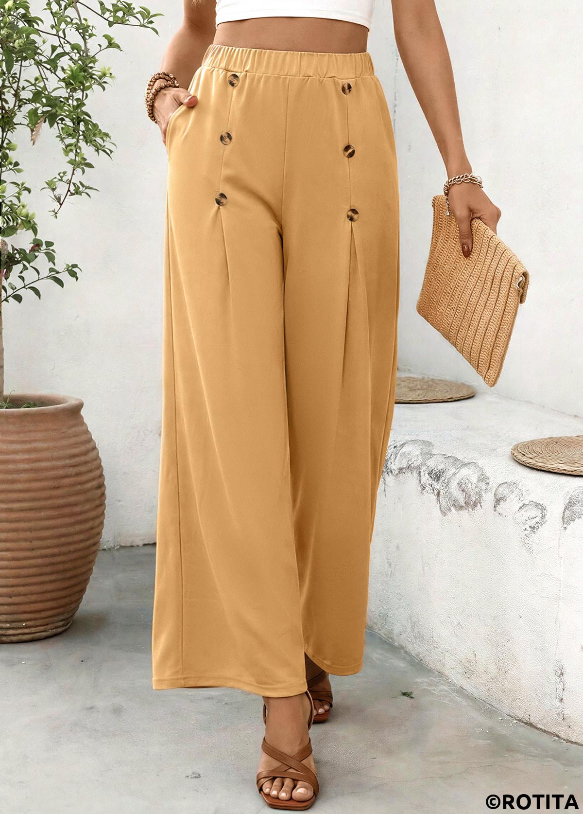 Dark Camel bottoms,Plain Color bottoms,Soft Dark Camel Wide Leg Elastic Waist Pants