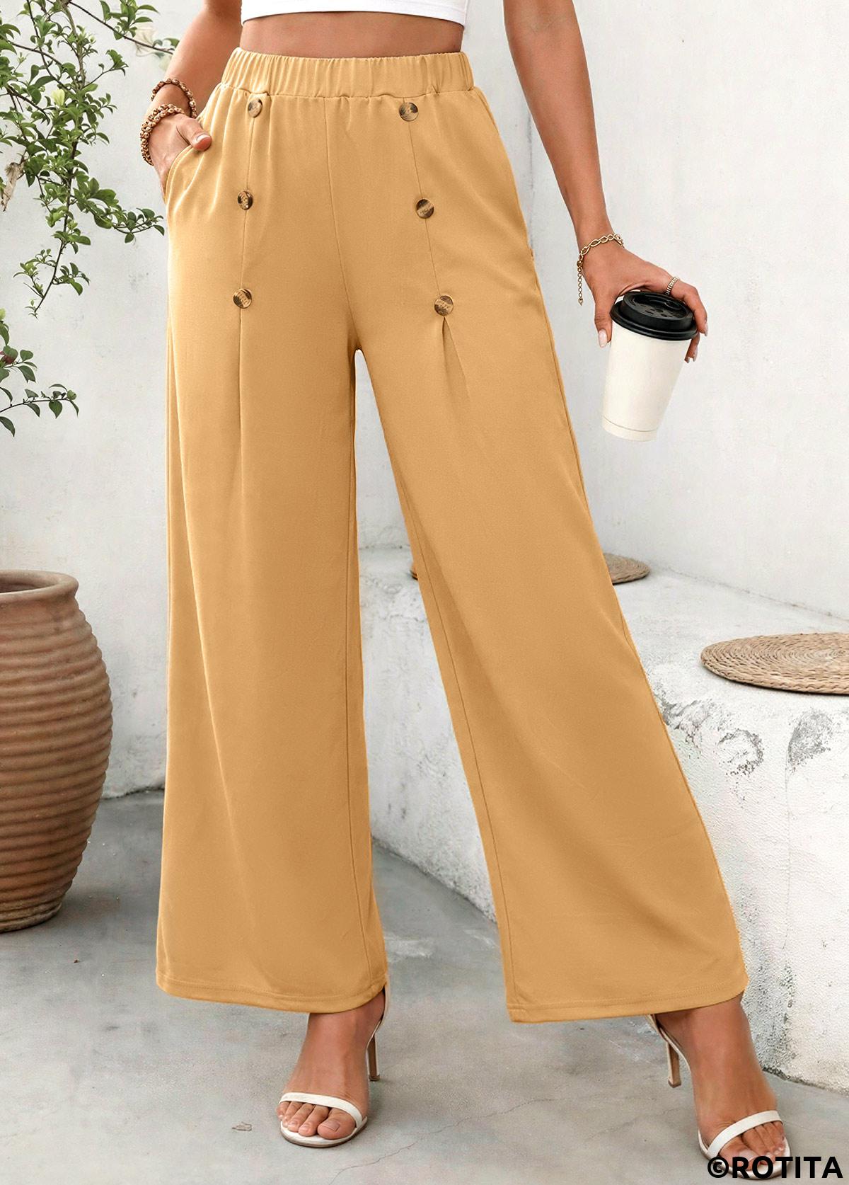 Dark Camel bottoms,Plain Color bottoms,Soft Dark Camel Wide Leg Elastic Waist Pants