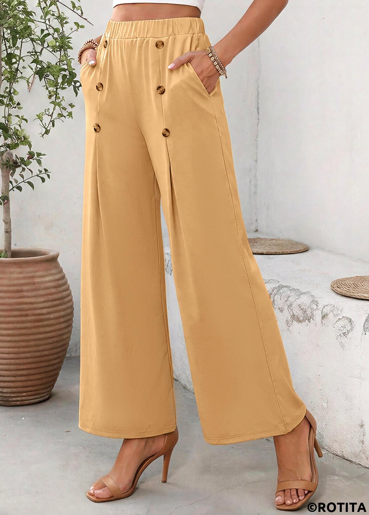 Dark Camel bottoms,Plain Color bottoms,Soft Dark Camel Wide Leg Elastic Waist Pants