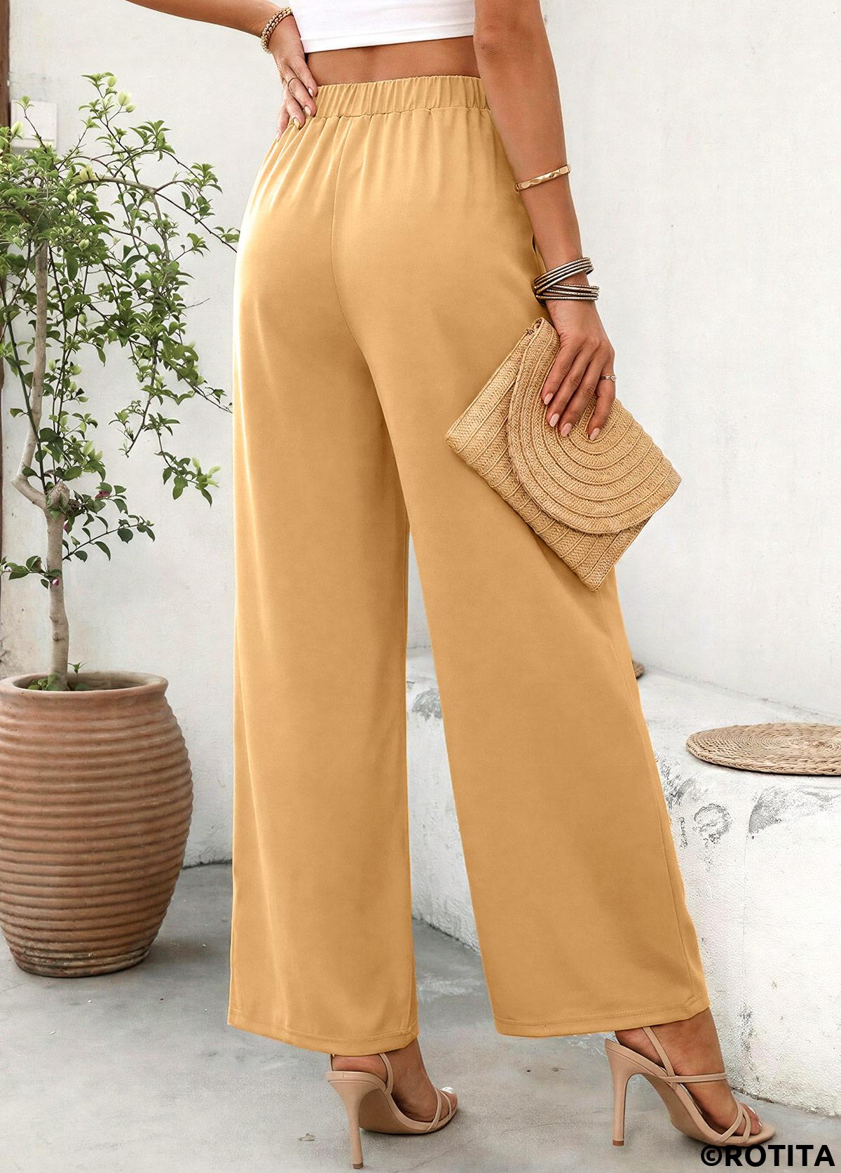 Dark Camel bottoms,Plain Color bottoms,Soft Dark Camel Wide Leg Elastic Waist Pants