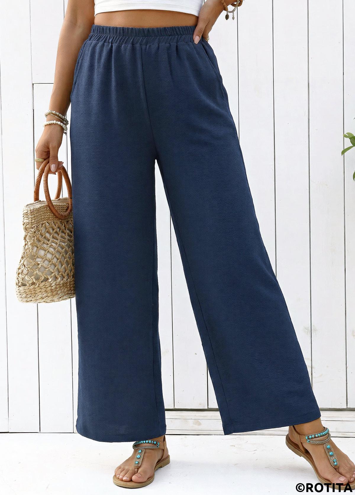 Navy bottoms,Plain Color bottoms,Navy Straight Leg Elastic Waist High Waisted Pants